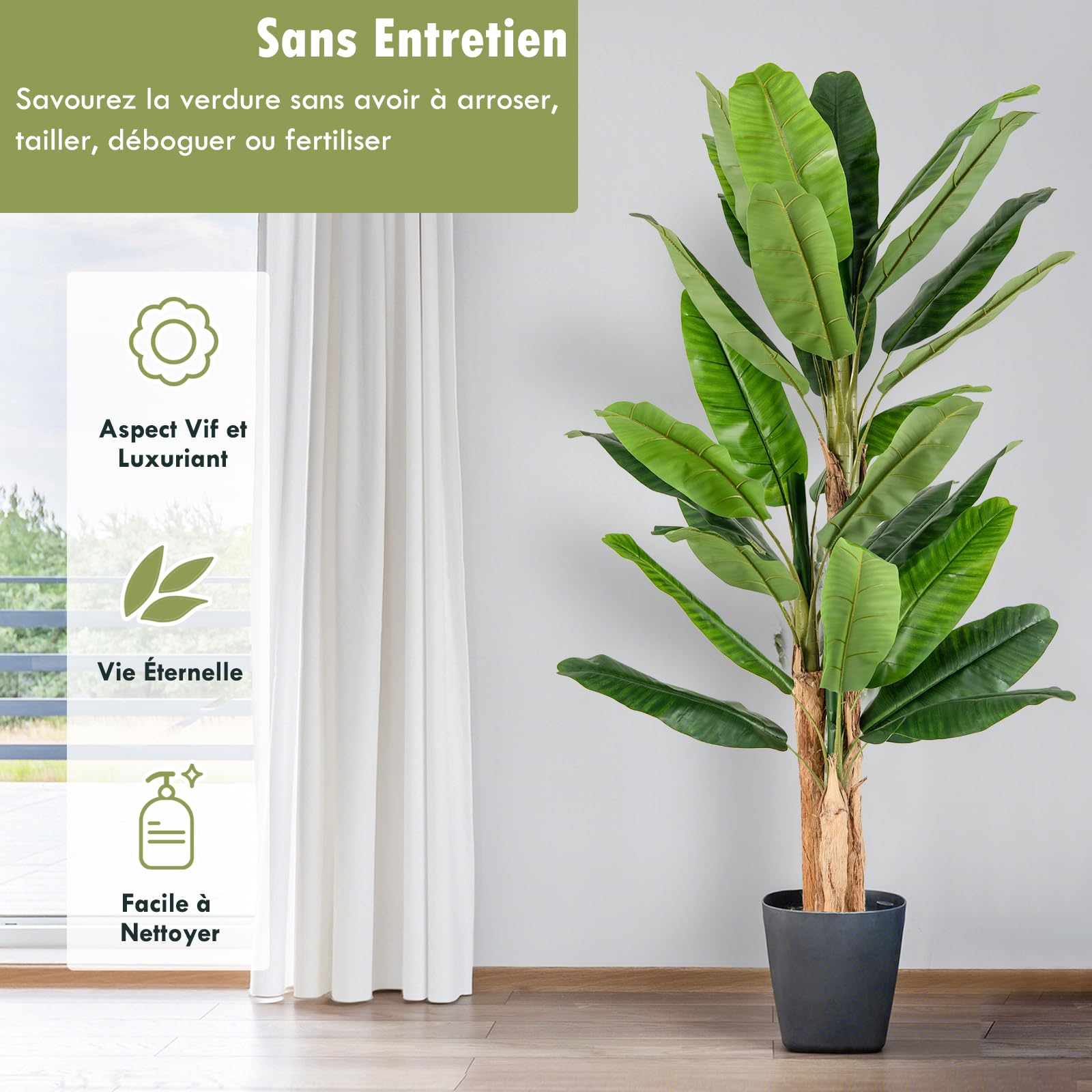 GIANTEX Plante Artificielle Intérieur, Fausse Plante Bananier 195 CM en Pot avec Ciment, 3 Tiges Réalistes & 27 Grandes Feuilles, Arbre Artificiel Intérieur Extérieur Maison Jardin Bureau
