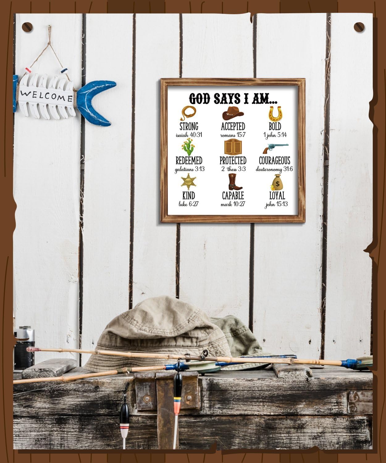 Putuo Decor Western Wall Decor, God Says I Am Cowboy Wooden Framed Wall Decoration, Rustic Country Farmhouse Scripture Inspiration Sign for Entryway, Bedroom, Bathroom(8.3 x 8.3 Inch) image 4