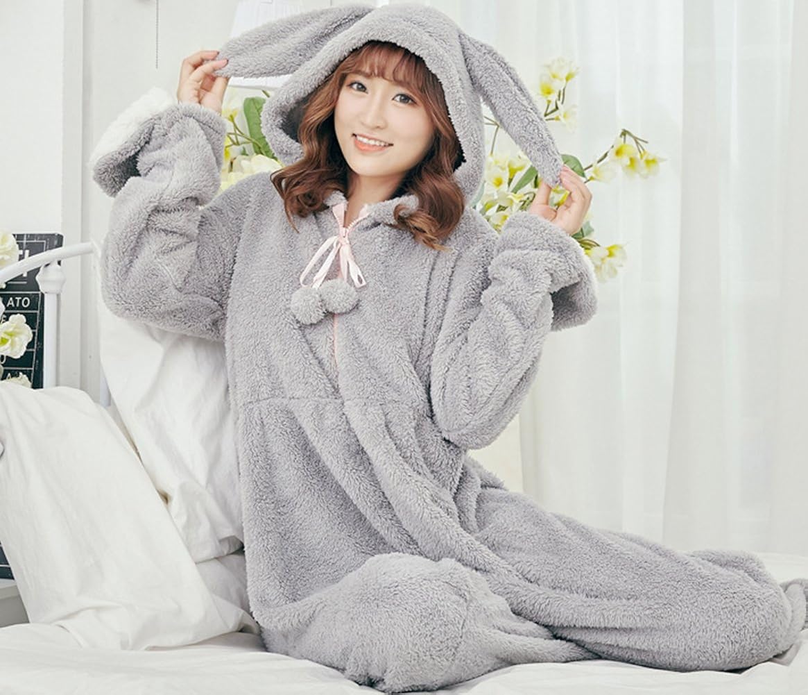 Amazon Honeystore パジャマ ルームウェア 着ぐるみ 部屋着 もこもこ ふわふわ うさぎ耳 冬 柔らか 手袋 足カバー パジャマ ルームウェアセット 通販