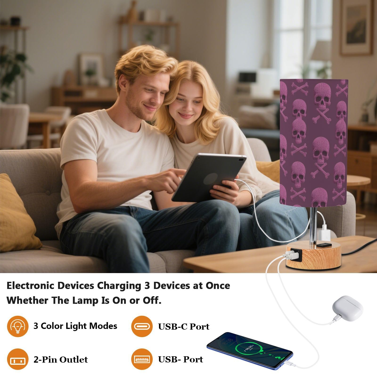 Yuiboo Dotykowe lampy stołowe z portami USB C+A, lampka nocna