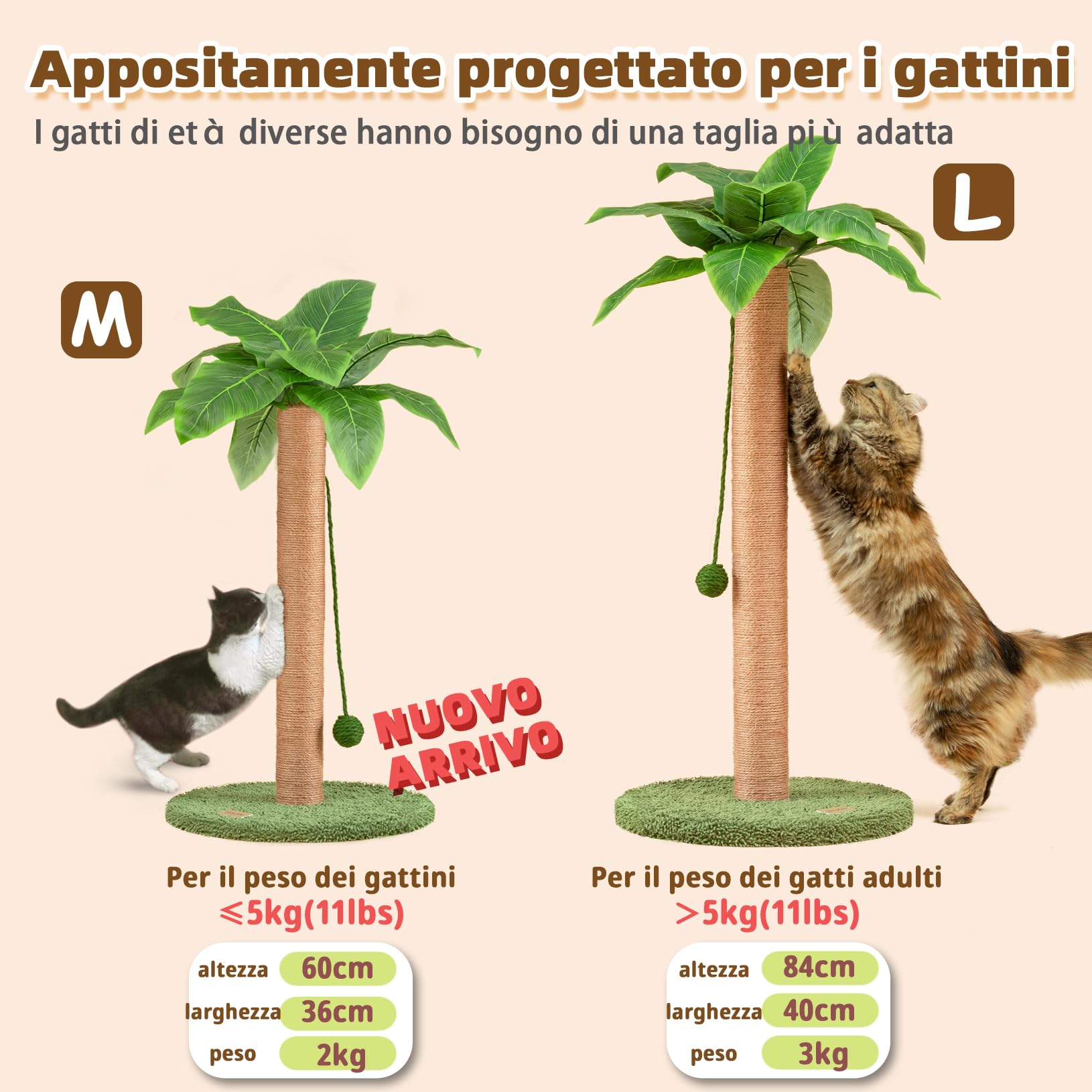 MEOWOOU Tiragraffi per Gatti Alto 60 cm con Corda in Sisal Da Interno Adulti Graffiatoio in Sisal Carino per Gattini Verde Palo