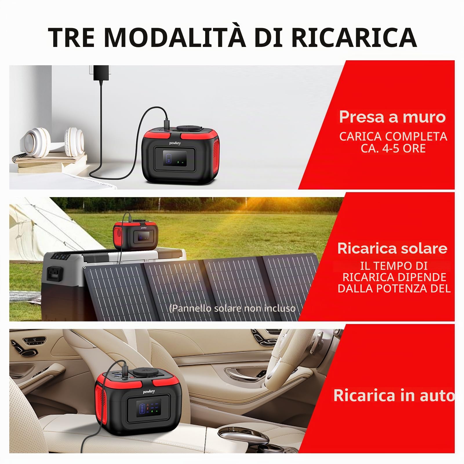 Powkey Power station portatile 26400 mAh/97,68 Wh, power bank con presa 120 W 230 V AC uscita 12 V 6 A DC, gruppo elettrogeno di emergenza con LED e SOS, generatore solare per campeggio, viaggi