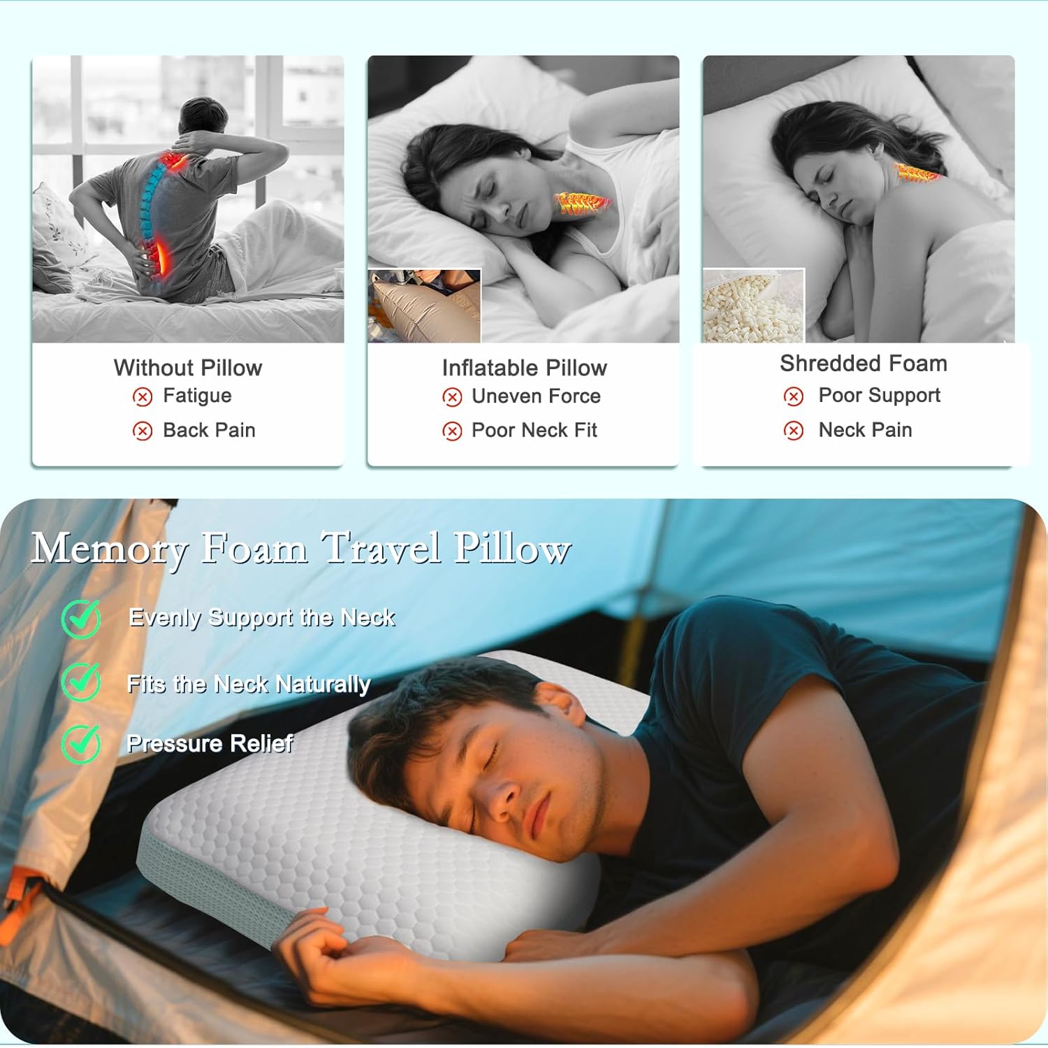 YOUR MOON Memory Foam Pillows for Travel, Small Compressible Camping Pillow for Sleeping, Medium Firm Neck Support Pillows, Portable Backpacking Hammock Camp Pillows for Hiking&Car(White) - Image 6