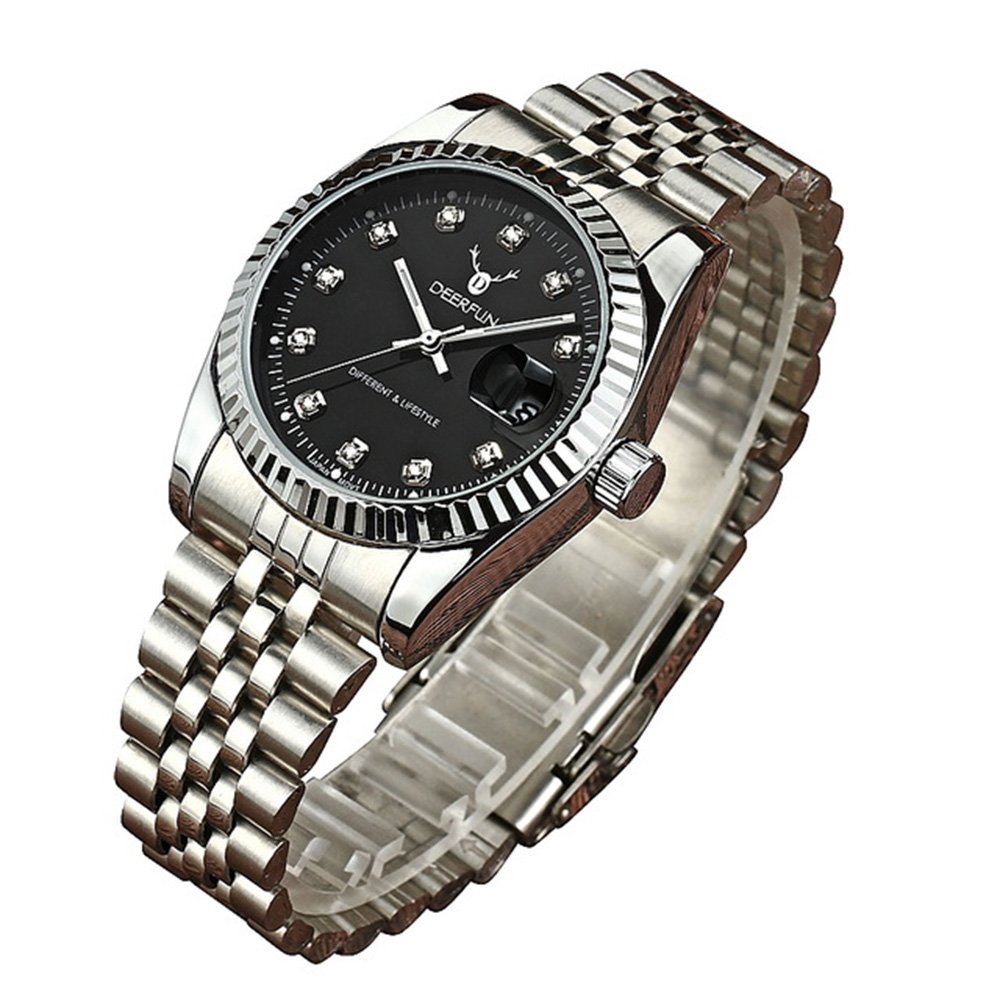 Mens Fashion Luxury Stainless Steel Calendar Rhinestone Waterproof Sports Women Unisex Quartz Watch