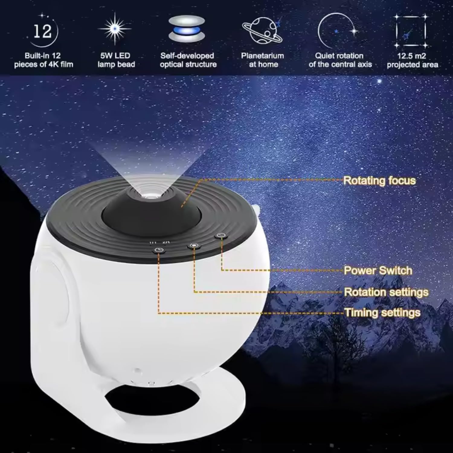 One94Store Galaxy Projector Night Light – HD Star Projector with 12 Replaceable Film Discs & Timer | Planetarium Ceiling Light for Bedroom, Kids & Adults | Starry Sky & Milky Way Lamp (White) - Image 4 thumbnail