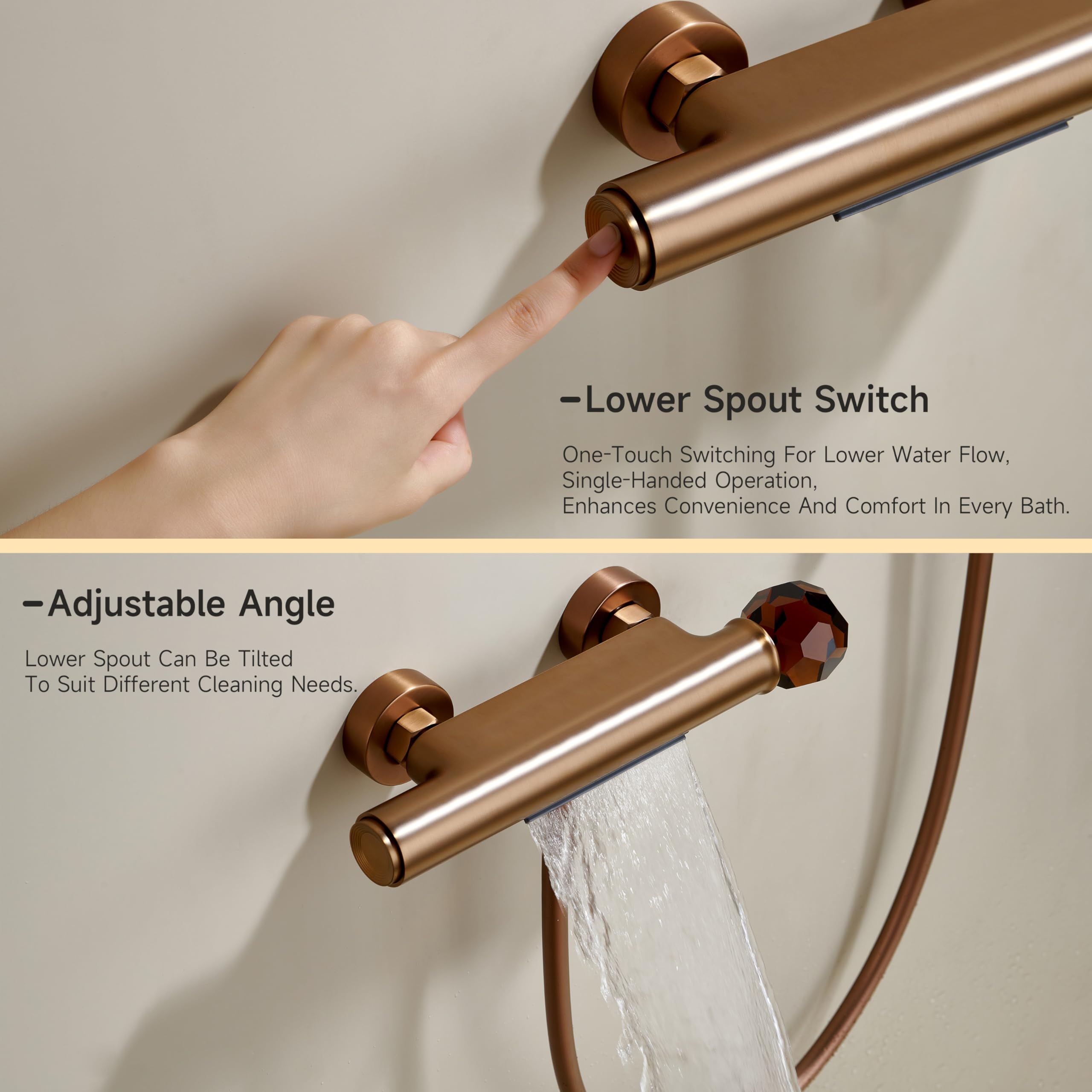 Colonna doccia,Set doccia con doccetta e bocca inferiore,Set doccetta con 2+1 tipi di getto,Doccia regolabile in altezza e angolazione,Oro rosa spazzolato Kit doccia completo