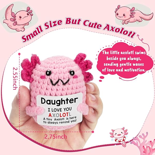 Close-up of the WEYON crochet axolotl plush, showcasing its handmade details and the accompanying 'I Love You Axolotl' message card.