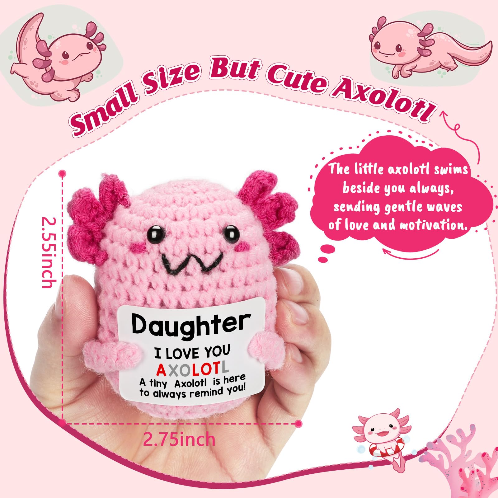 Close-up of the WEYON crochet axolotl plush, showcasing its handmade details and the accompanying 'I Love You Axolotl' message card.