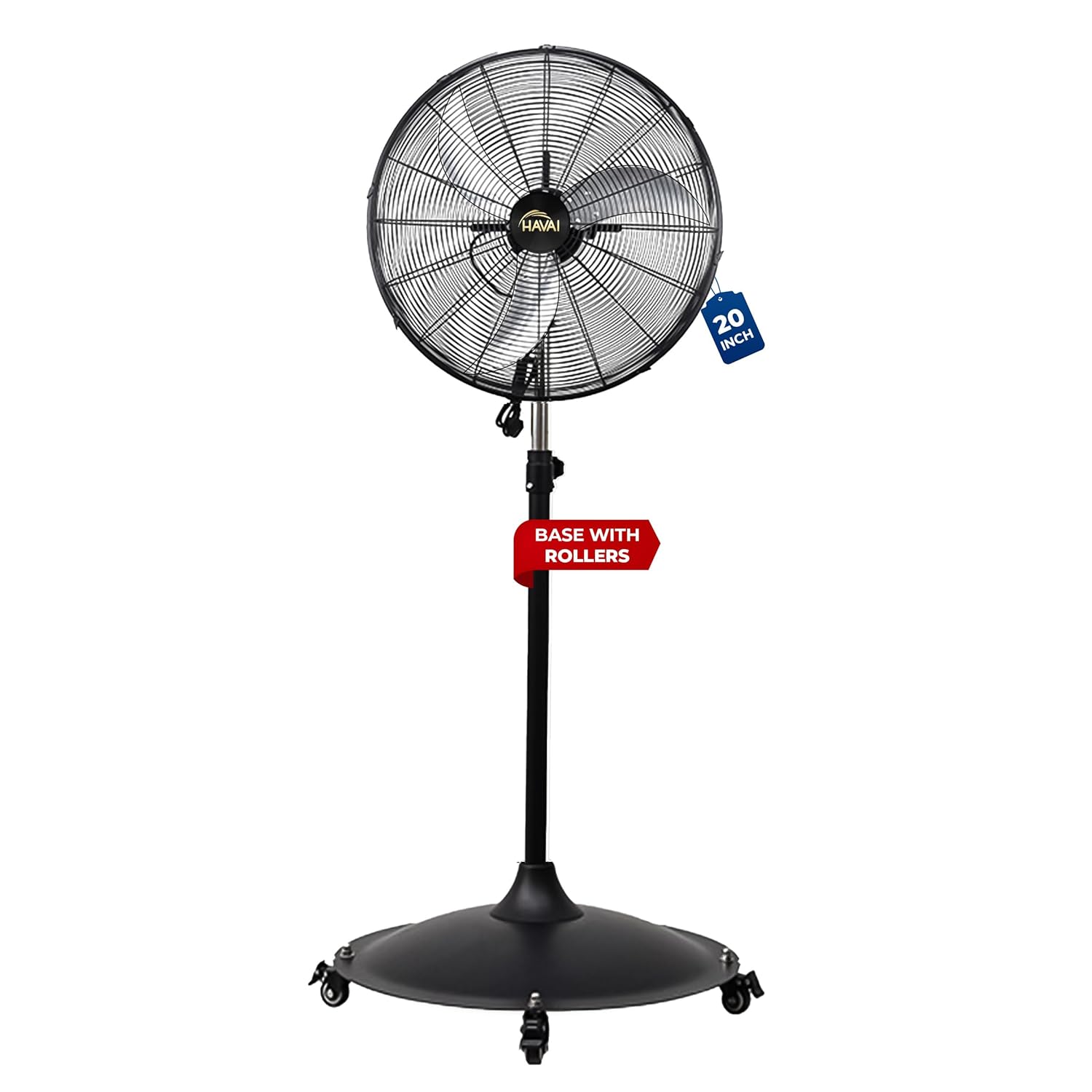 Image of HAVAI 20-Inch Commercial BLDC Pedestal Fan (20–120W) | 2mm Aluminium Blades | Metal Base with 4 Lockable Industrial Wheels | Fingerproof Safety Grill | 4-Speed | 2-Year On-Site Warranty