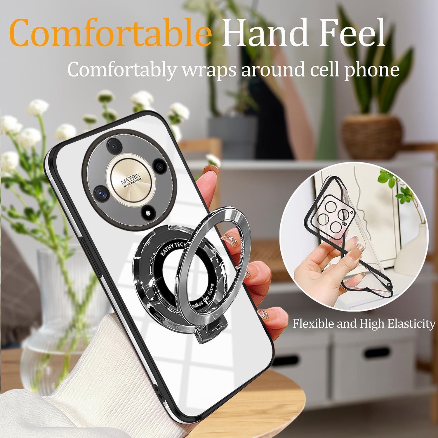 Compatible with Honor Magic 6 Lite Case with Magnetic Stand, for Honor Magic 6 Lite Phone Cases Silicone Transparent Accessories Funda Shockproof Luxury Protective Original Cover (Black) - Image 4