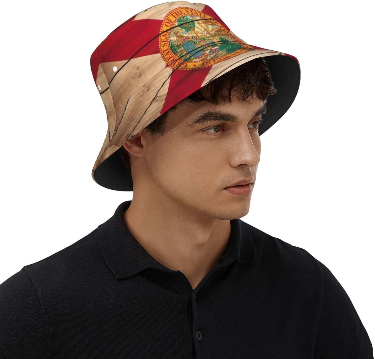 Florida Flag Wood Grain Print Winter Bucket Hat Packable Unisex Sun Hat Summer Travel Beach Fishing Cap for Men Women Black