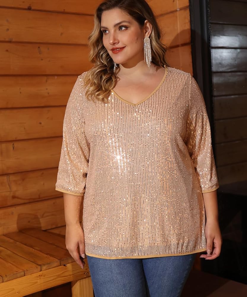 RITERA Plus Size Glitter Rose Gold Tops for Women Fall 3/4