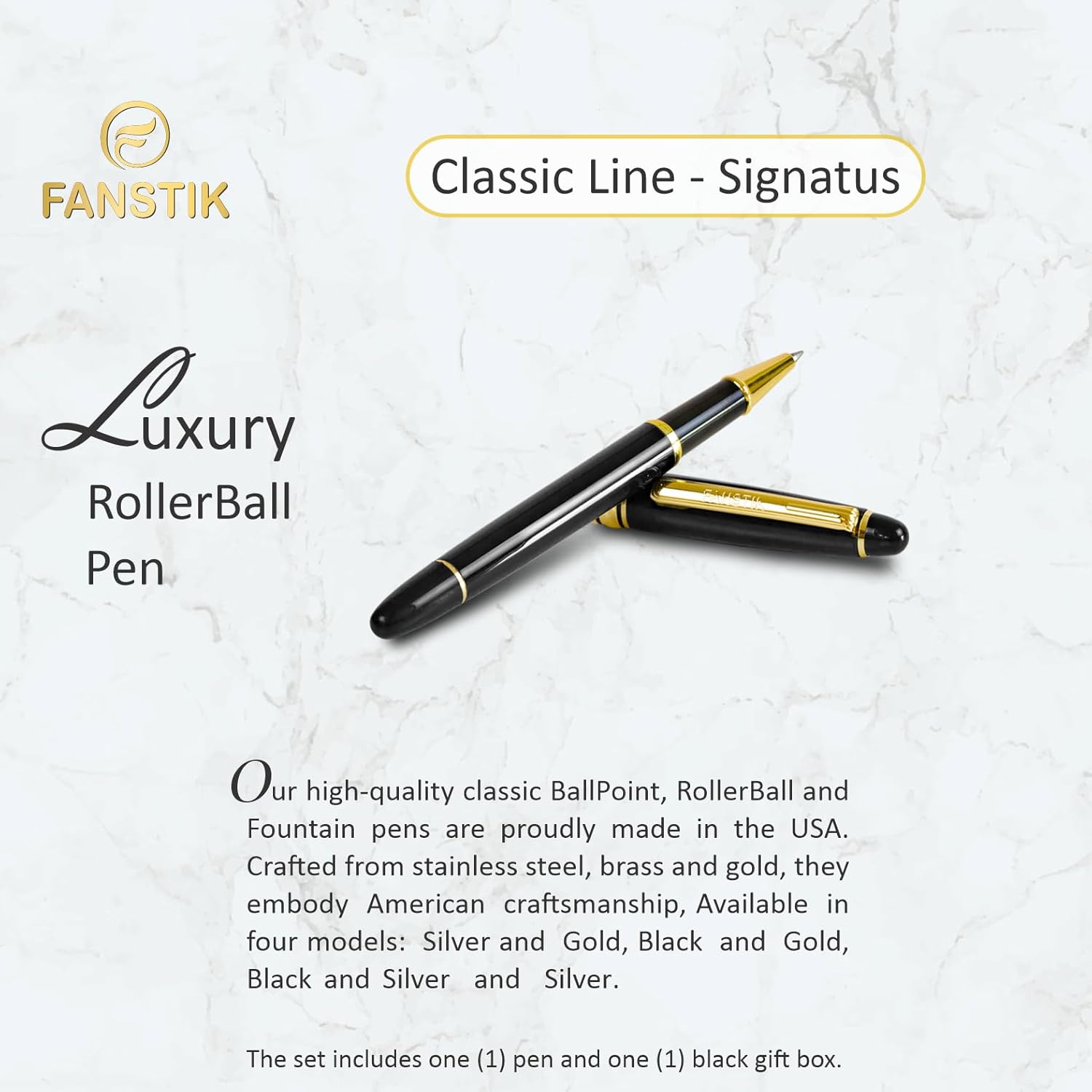 Customized RollerBall pen with name (MADE IN USA), stainless steel, black and gold, luxury engraved pen personalized for men and for women. (RollerBall Black-Gold) - Image 2