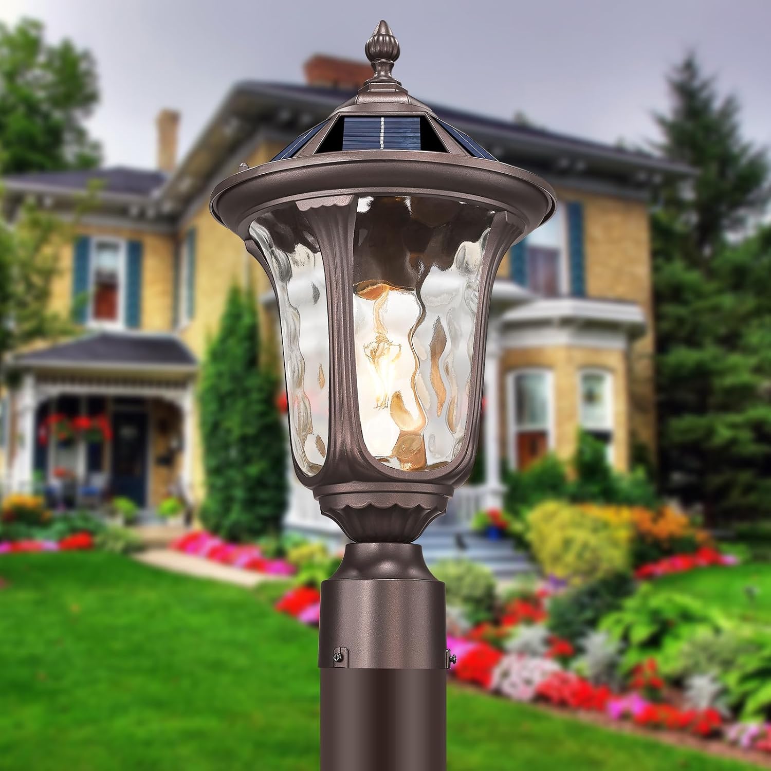 Outdoor Post Solar Light LED, Dusk to Dawn Pole Lighting Waterproof with Remote Control Exterior Pillar Lantern 3 Lighting Modes Outside Solar Lamp for Patio Porch Garden, 18'' ORB Color