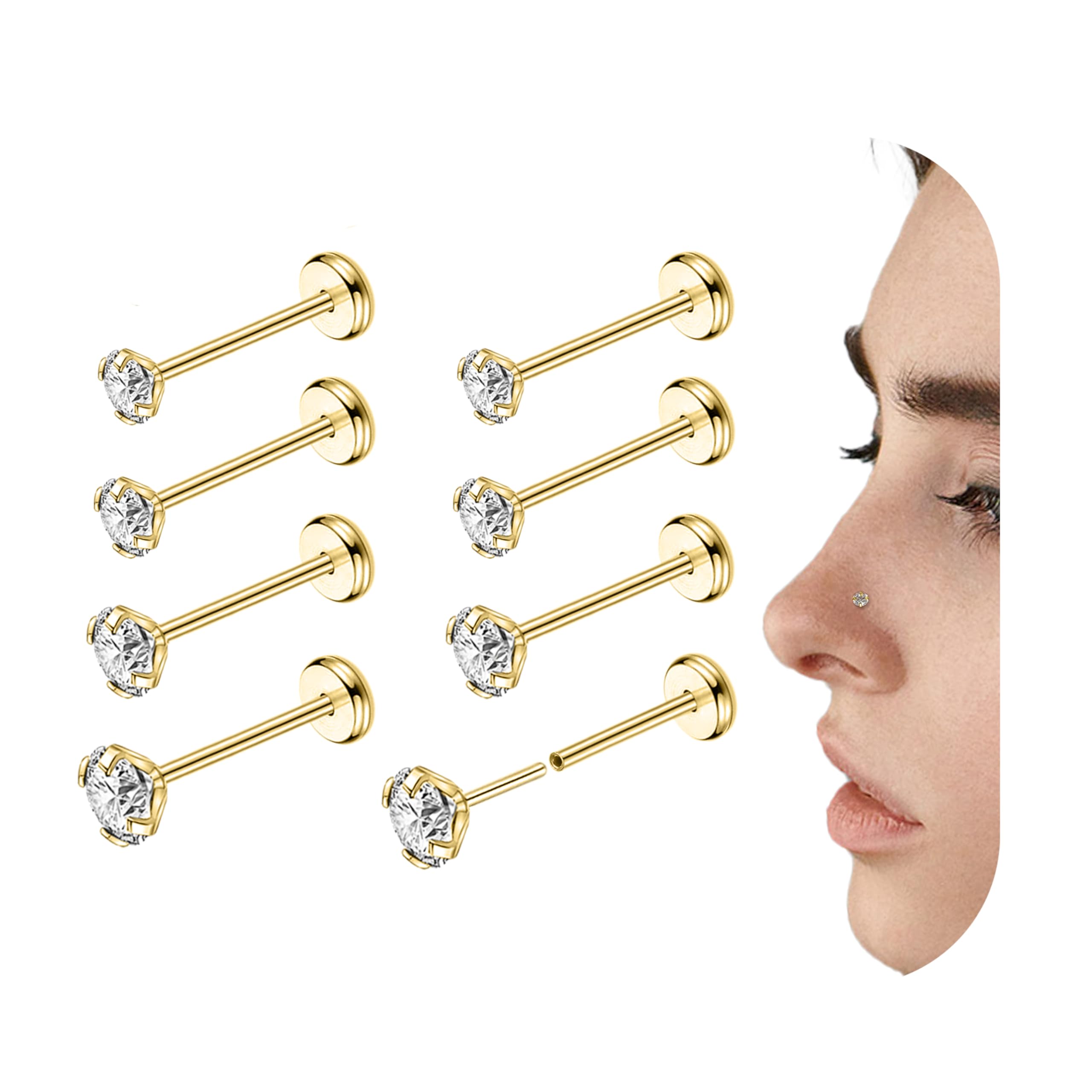 AccGin 8Pcs 20G 18G Threadless Push in Nose Stud Rings for Women Men Stainless Steel Nose Studs Nostril Piercing Jewelry CZ Nose Rings Studs 1.5MM 2MM