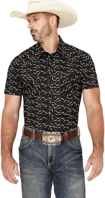 Rock & Roll Denim Mens Longhorn Print Short Sleeve Snap Shirt - BMN3S03346
