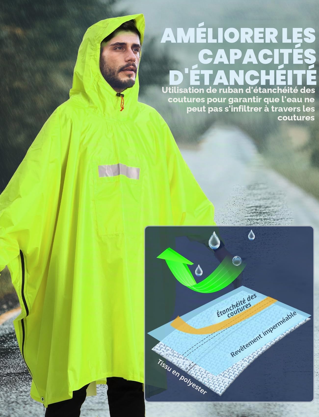 ANYOO Poncho léger, imperméable, réutilisable et Respirant avec Capuche, idéal pour l'extérieur,Taille Unique