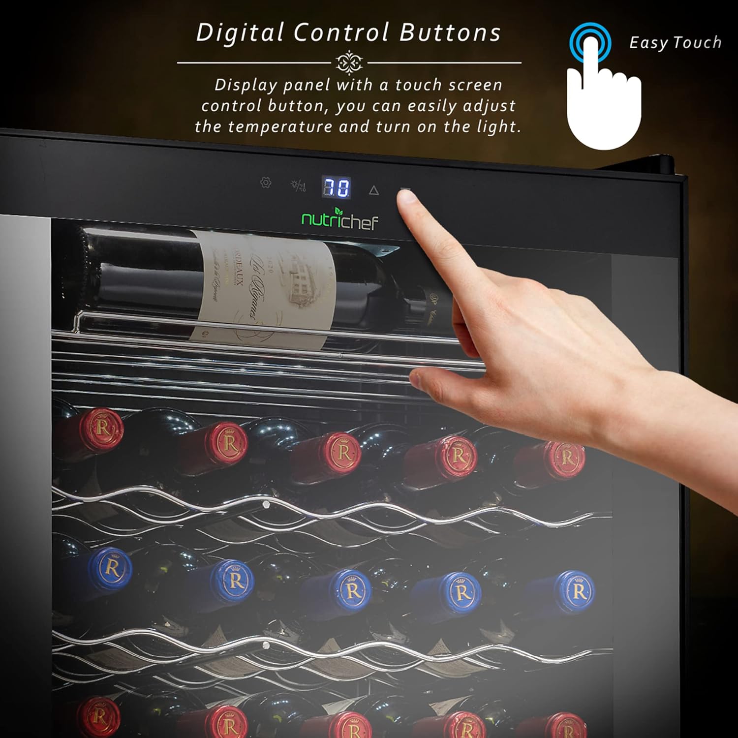 NutriChef PKCWC340 Wine Fridge, 34 Bottle Single Zone Beverage Chiller, 93.5L Capacity, 33x19x17 IN, Black