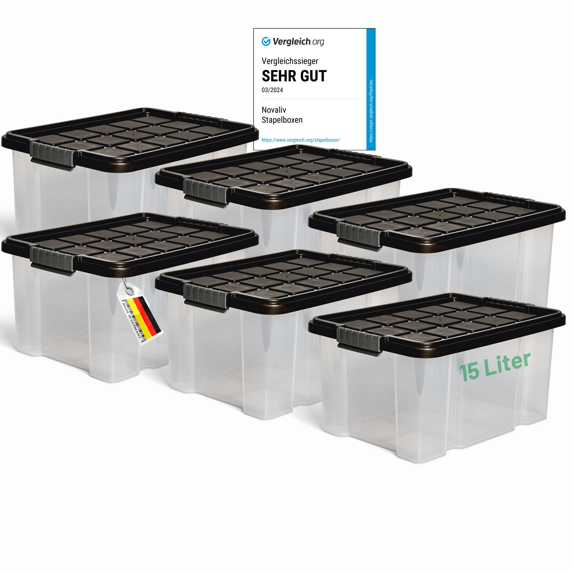 Novaliv 6 scatole portaoggetti con coperchio, 15 l, antracite, impilabili, con chiusura a clip, in plastica, senza BPA, 41 x 29 x 20 cm