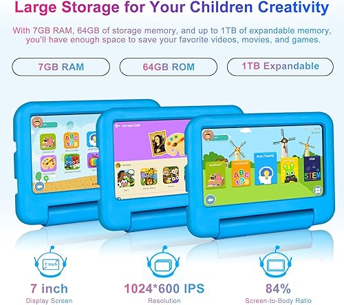 Miniatura 4 de SEBBE Tableta para niños Android 13 de 7 pulgadas, 7 GB de RAM+64 GB de ROM (TF 1 TB), con control parental, aplicaciones preinstaladas para niños,