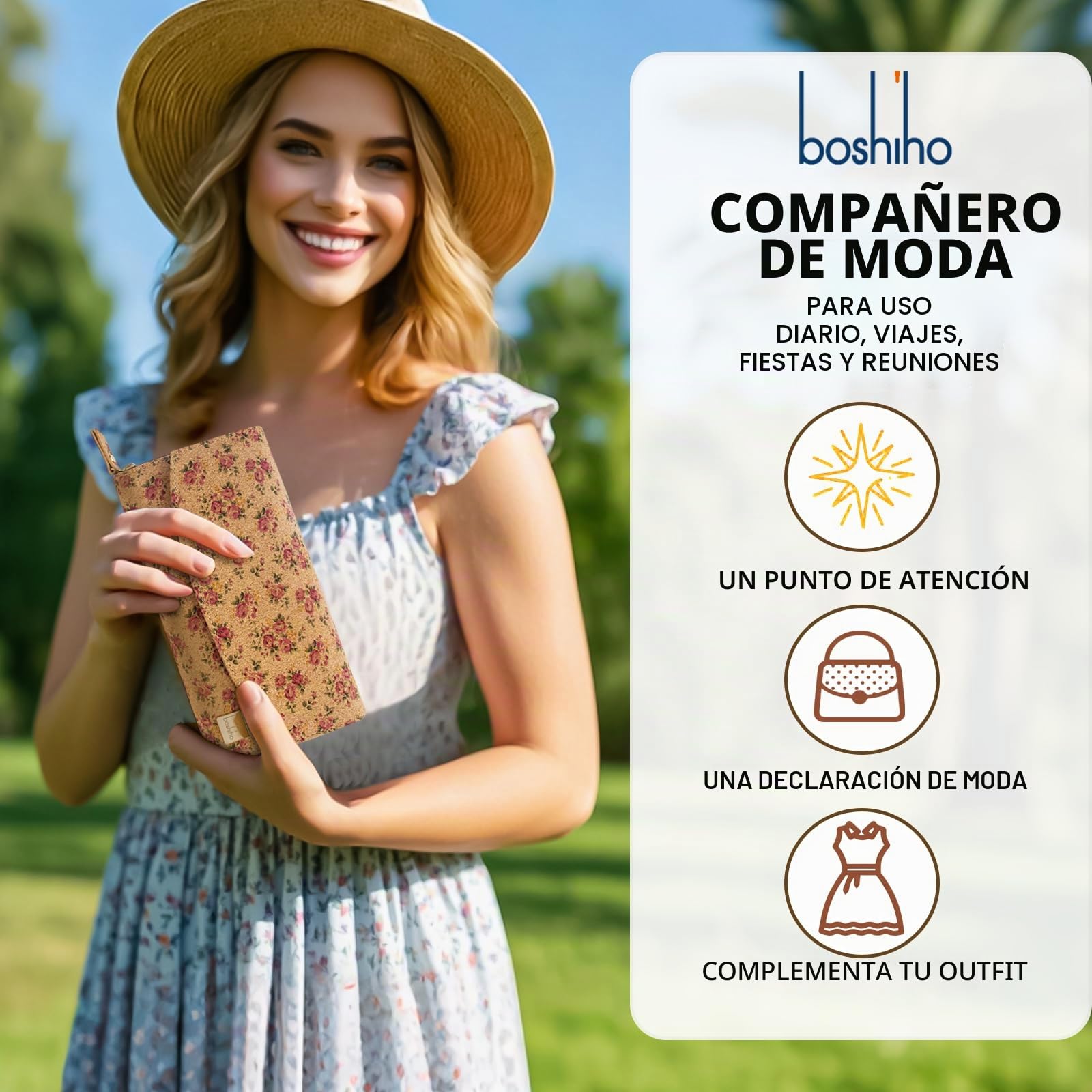 boshiho Monedero de Corcho Vegano para Mujer, Gran Capacidad con Cremallera, Portatarjetas, Bolsillo para Monedas, Compatible con Teléfono Inteligente, 100% Libre de Animales (Cork 2)