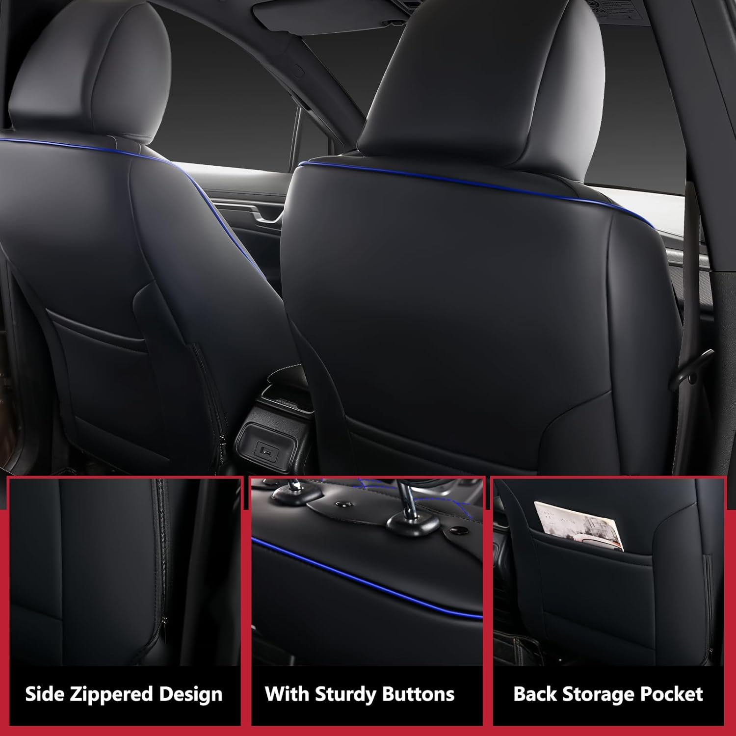 Tacoma Seat Covers Full Set 2016-2023, Leather Pickup Truck Seat Covers with Lumbar Support Custom Fit for Toyota Tacoma Double/Crew Cab SR SR5 TRD Sport TRD Off-Road TRD Pro(Black Blue)