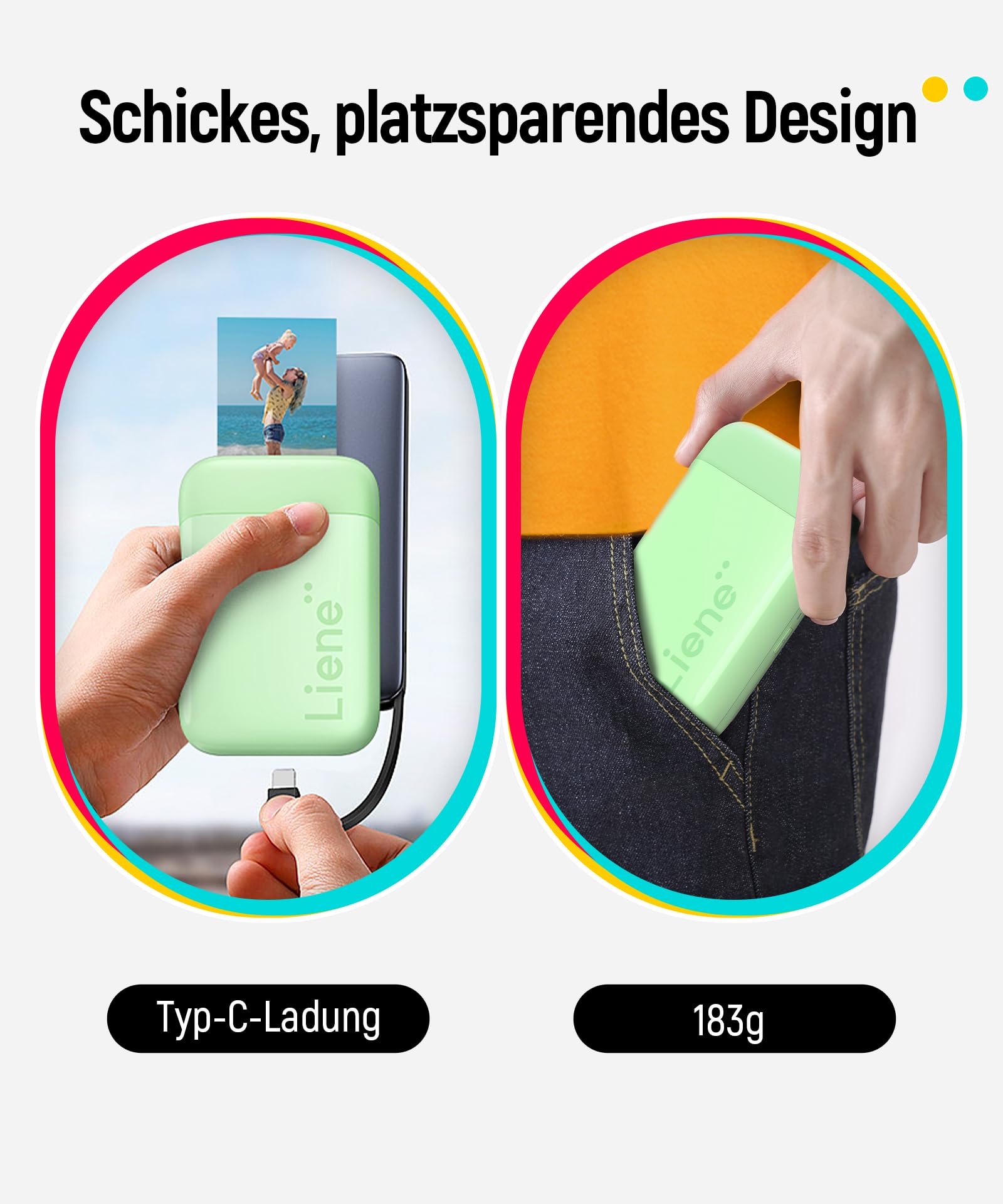 Liene Pearl K100 Fotodrucker-Set Grün Mini Drucker für Smartphone 5x7,6cm 100 Blatt Zink-Fotopapier 300 DPI Bluetooth