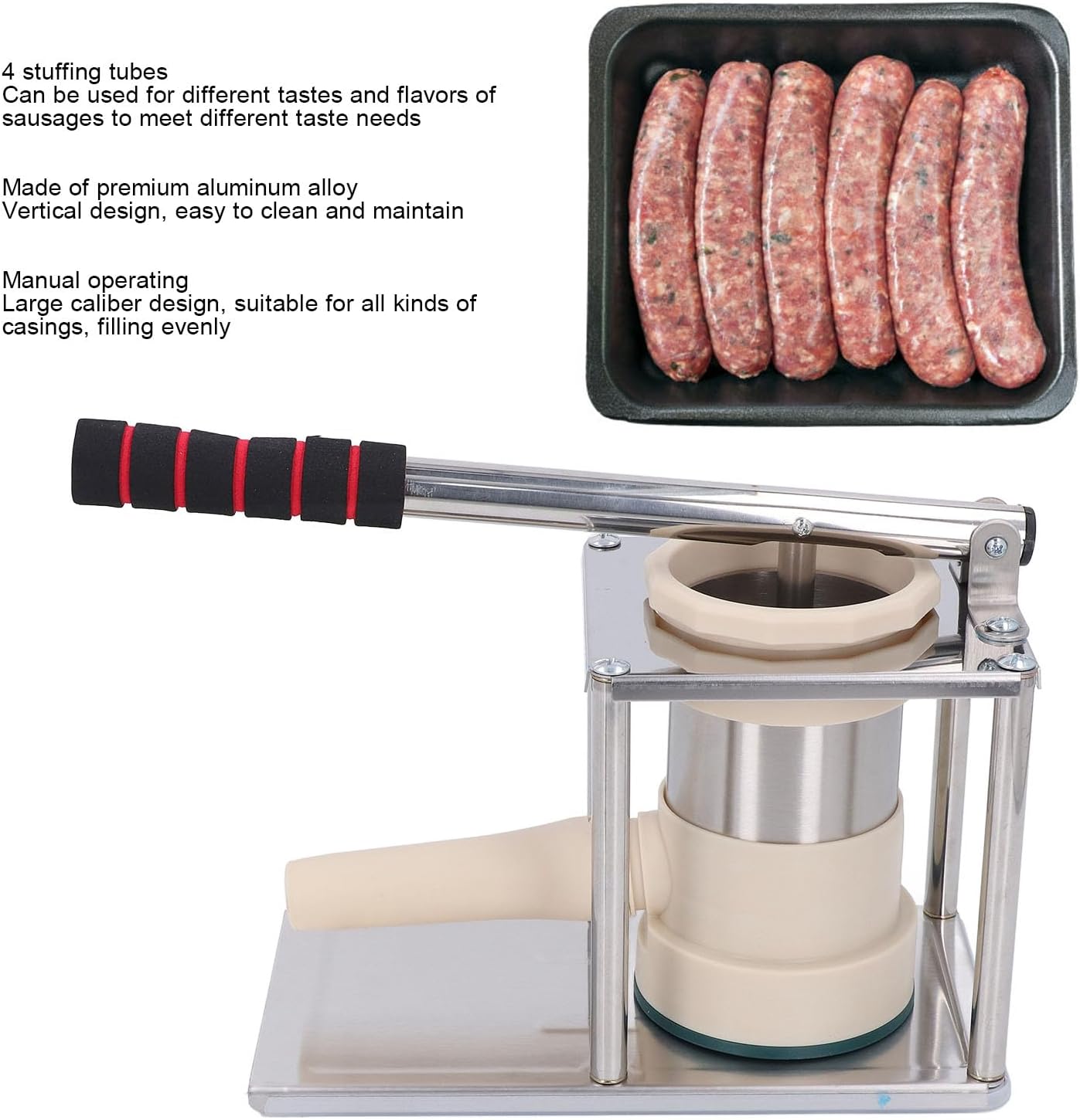 Sausage Stuffer Aluminum Alloy Vertical Manual Sausage Maker with 4 Stuffing Tubes - Durable Home Kitchen Filling Machine for Homemade Sausages and Salami