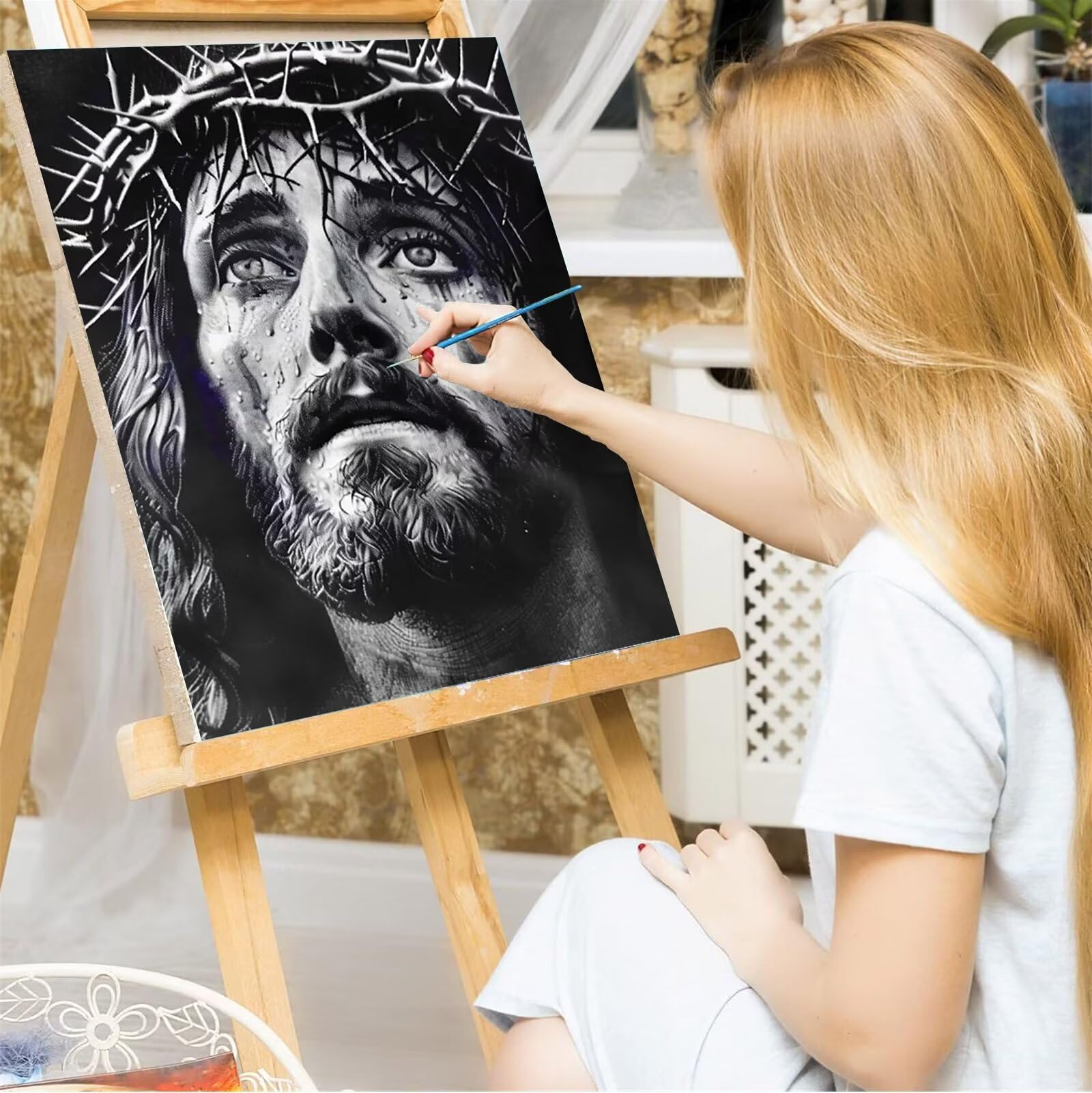 Dipingi con i Numeri per Adulti Cristo, Kit di Pittura a Olio su Tela Fai-da-Te per Bambini con Pennelli Pittura a pigmento Acrilico Disegno -Corona 50x65cm (Con Scatola)