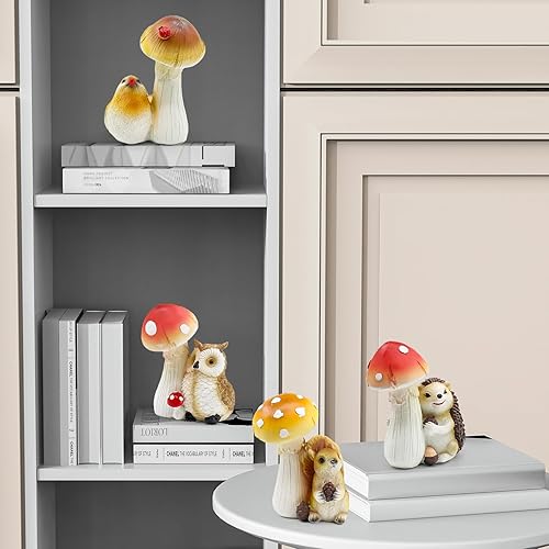 Miniatura 3 de Juego de 4 estatuas de hongos para decoración del hogar, pequeñas figuras de hongos de resina, escultura para interiores y exteriores, adornos
