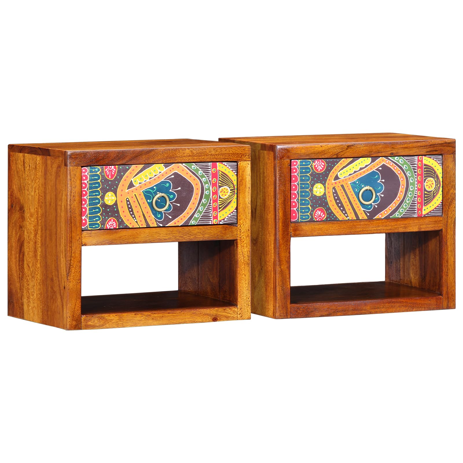 Lot de 2 tables de chevet 40 x 35 x 35 cm bois massif d'acacia marron style bohème avec tiroirs