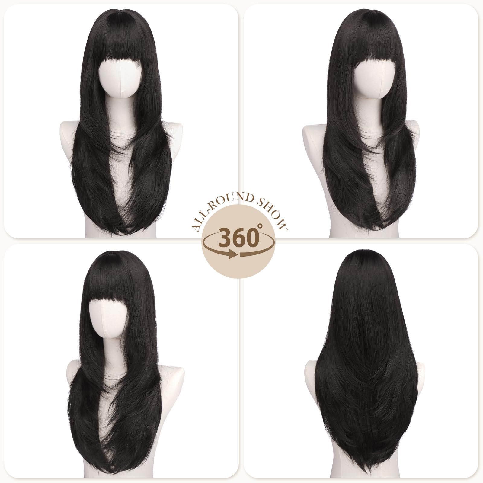 FESHFEN Perruque Layered avec Frange - Perruques Lisse et Droite pour Femmes Noir Brun Cheveux Naturels Synthétiques Wig pour Fêtes Quotidienne, 60 cm
