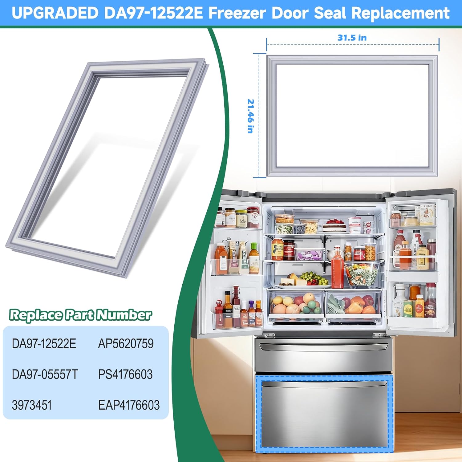 UPGRADED DA97-12522E Refrigerator Door Gasket Replacement Compatible with Samsung Refrigerator Door Seal, Replaces RF25HMEDBWW RF4267HARS RF25HMEDBSR RF25HMEDBSG RF4267HAWP Freezer Door Gasket