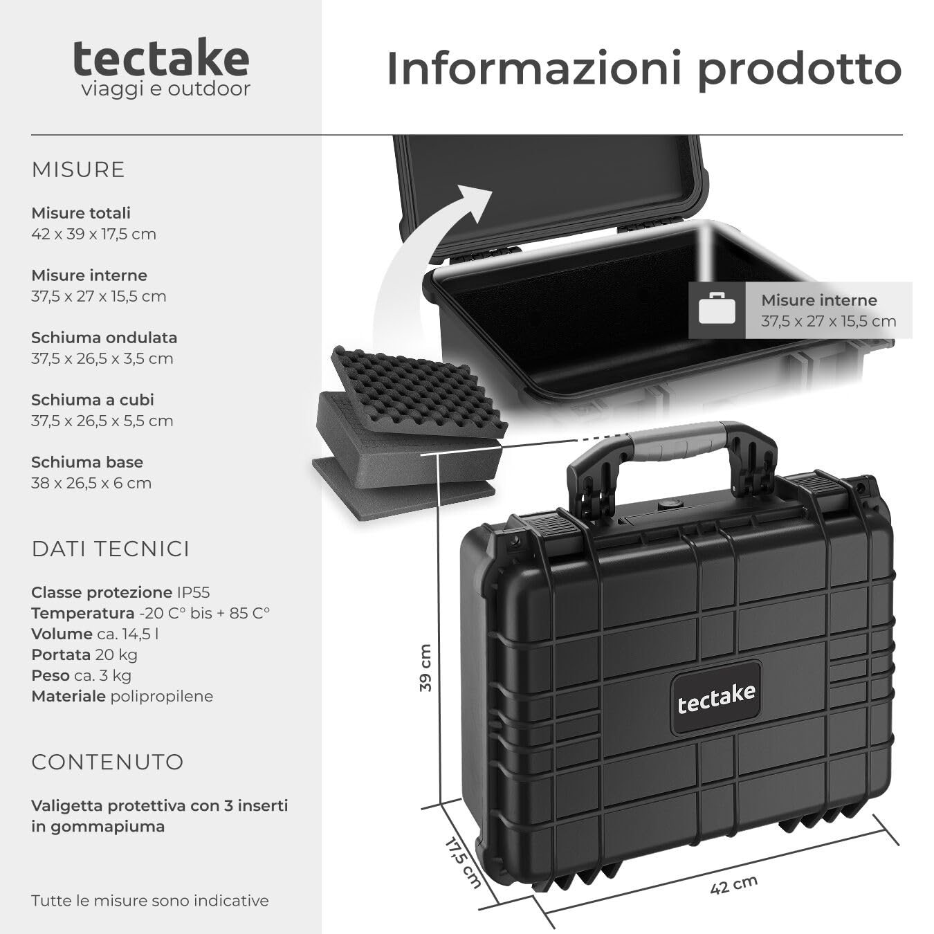 tectake® Valigetta Universale per Fotocamera, Custodia Macchina Fotografica, Leggera, Robusta, Porta Macchina Fotografica, Valigetta Impermeabile Rigida, IP55 - dimensioni interne 37,5x27x15,5 cm