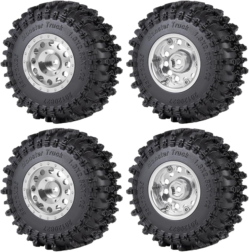MORLORDY 1.3" Wheel Tires Set - 72mm Mud Terrain Tires and Aluminum Wheels for 1/18 TRX4M Bronco Defender 1/24 SCX24 Gladiator Bronco C10 JLU Deadbolt (Style A)