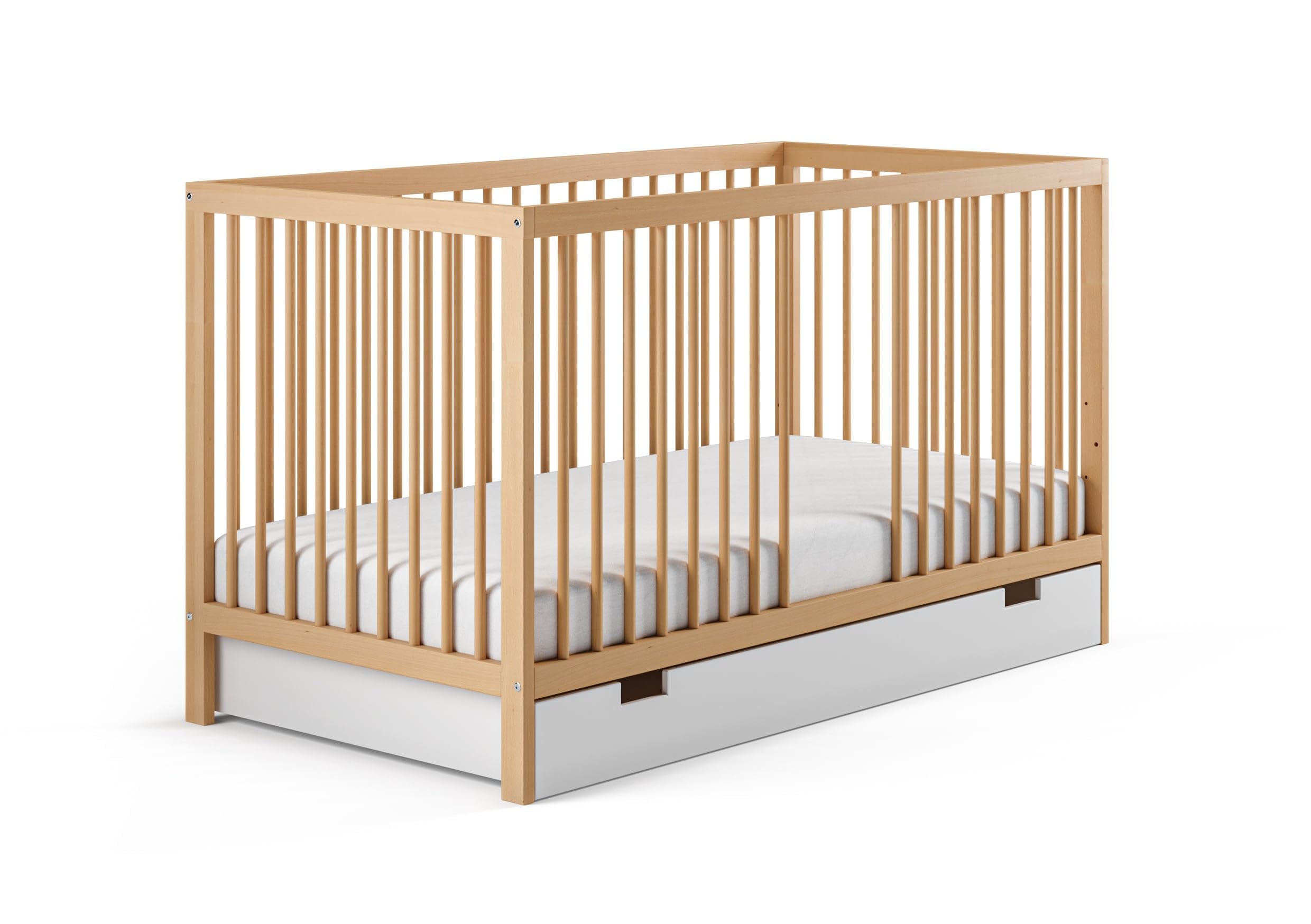 Cuna cuna 70 x 140 cm, altura ajustable y peldaños extraíbles, con cajón y colchón | Madera de haya natural muy estable Fabricado en Europa
