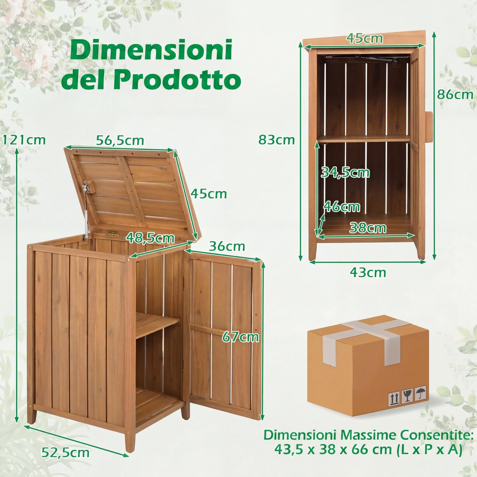 COSTWAY Armadio da Esterno in Legno Massello con Ripiano Rimovibile, Casetta Porta Attrezzi con Porta e Coperchio Apribile, Contenitore per Bidoni Spazzatura per Giardino, Cortile e Patio