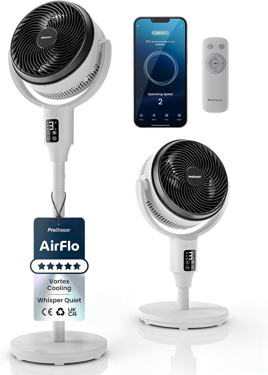 Pro Breeze AirFlo 43" Smart Portable Pedestal Fan with Wi-Fi, 29dB Ultra Silent - Hybrid Adjustable Height, Smart App & Remote Control, 2 Cooling Fan Modes, Vertical & Horizontal Oscillation