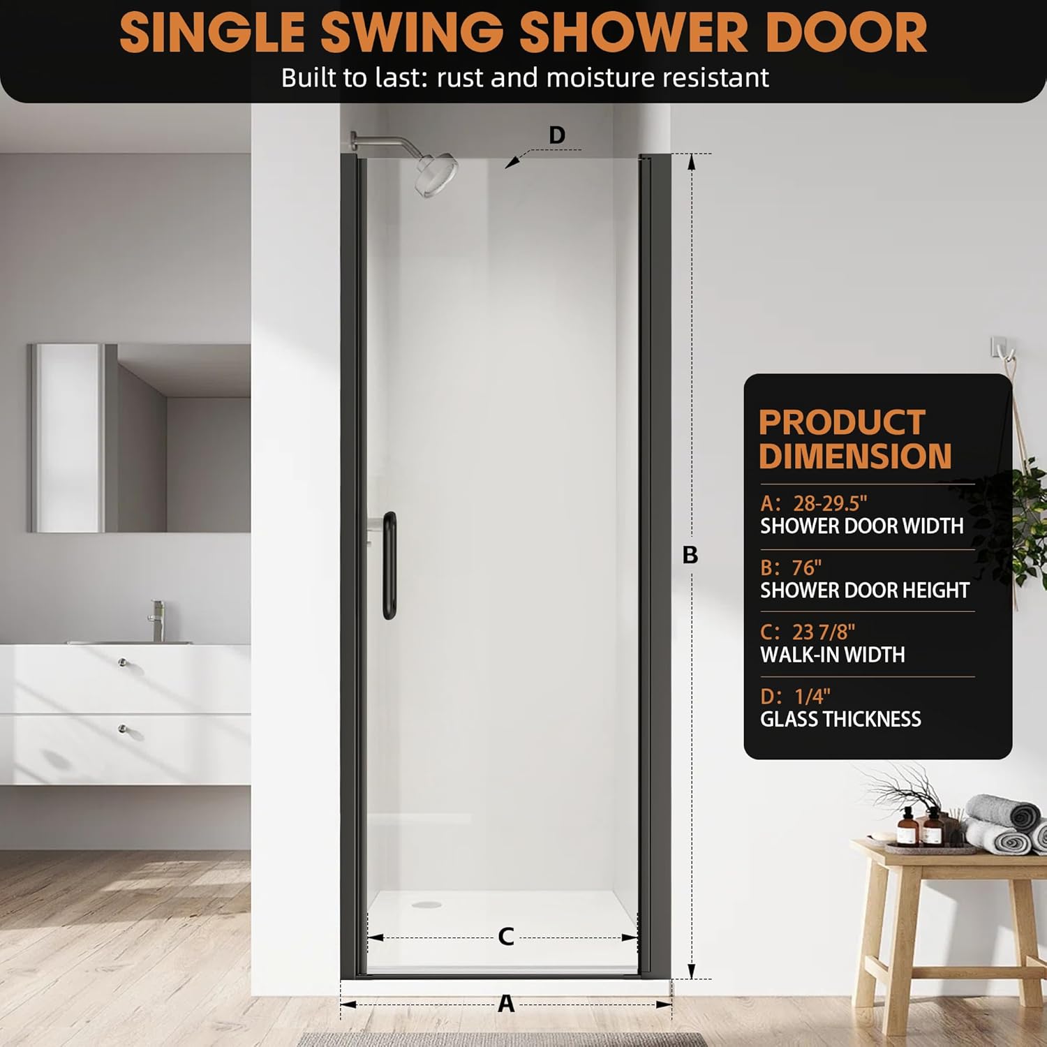 Frameless Pivot Shower Door 28"- 29.5" W x 76" H, Swing Shower Glass Door with 1/4" Tempered Glass, 180° in & Out Opening, Magnetic Closing, Reversible Installation, Matte Black
