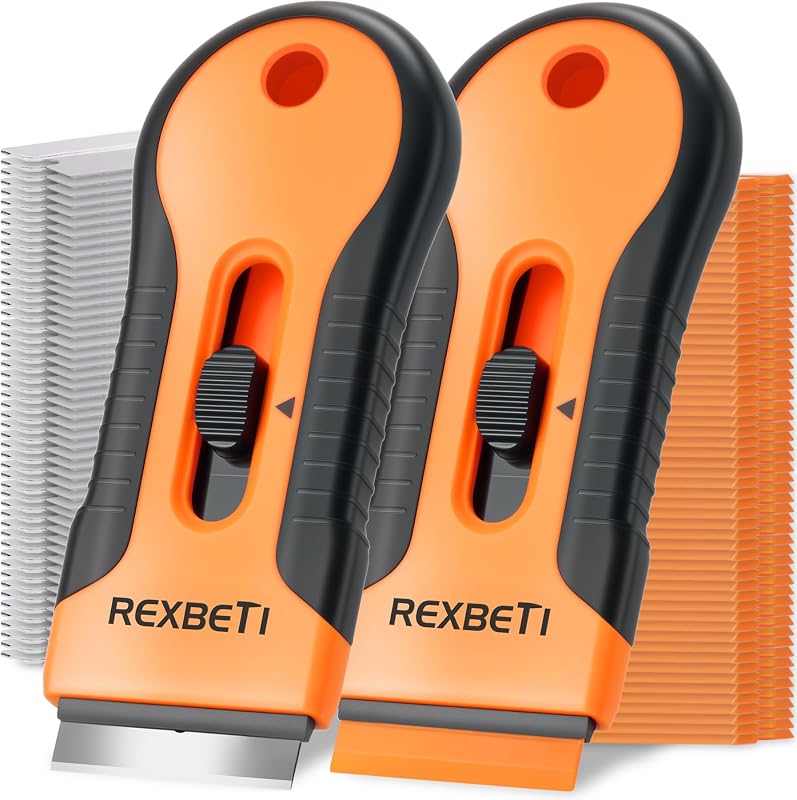 REXBETI Razor Blade Scraper Tool, 2 Pack Windows, Glass Stovetop Scraper | 2 Scrapers, 30 Metal & 50 Plastic Blades, Removing Paint, Grease, Adhesive, Stickers, Labels, Decal, General Cleaning Tool