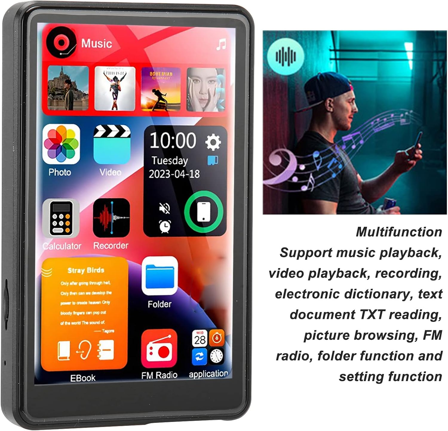 Vikye 16GB MP3 Player with BT 5.0, 4.0 Inch Full Touch Screen MP3 Player, 3.5mm Stereo Output Connector, Support FM Radio, Book