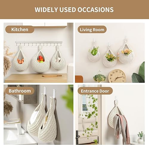 Miniatura 6 de Cestas de frutas bohemias para colgar en la pared, paquete de 3 soportes tejidos con 6 ganchos fuertes, cesta colgante de verduras para organizar