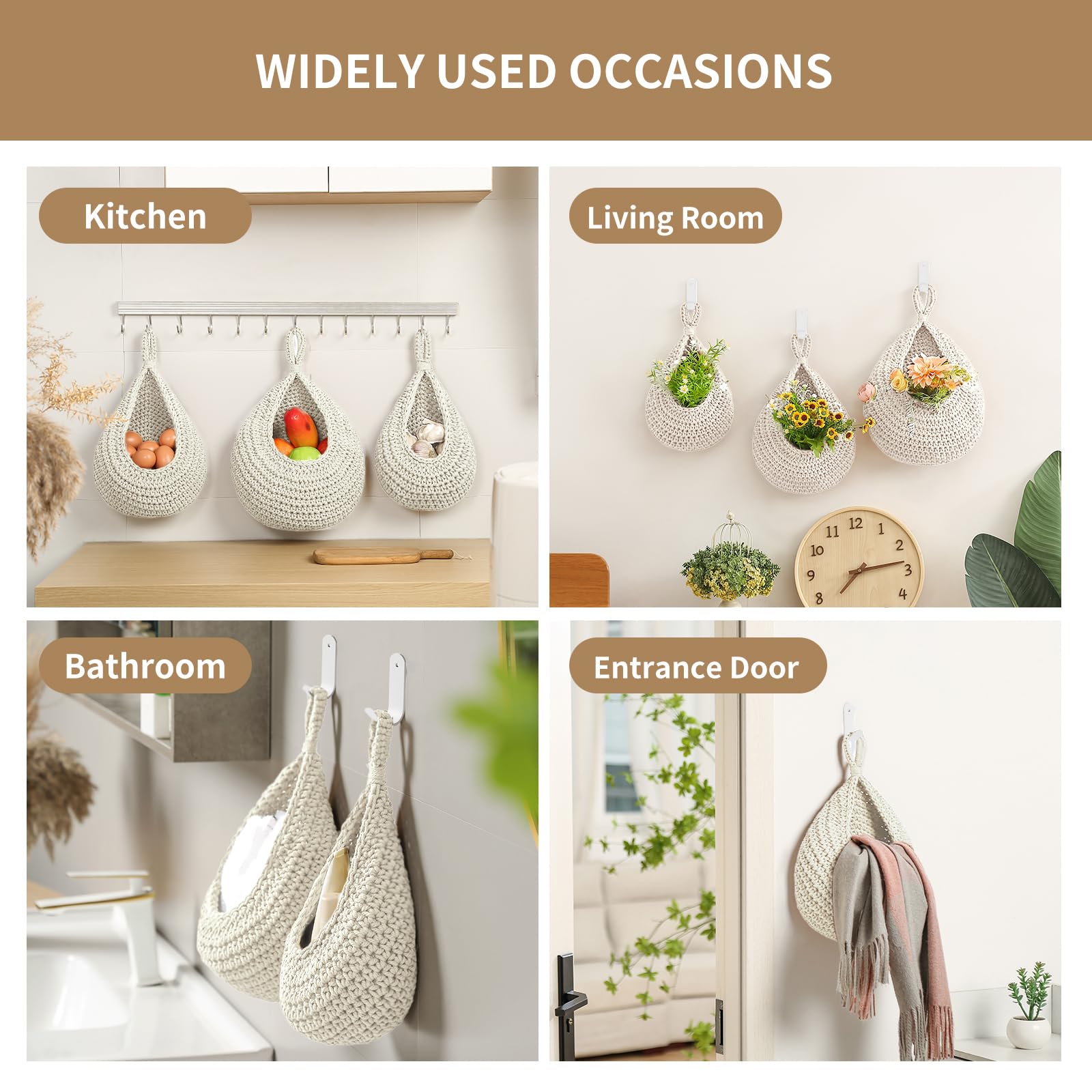 Cestini per frutta da appendere alla parete in stile boho, per cucina, confezione da 3 pezzi, con 6 ganci resistenti, cestino da appendere per verdure per organizzare a forma di goccia, per conservare