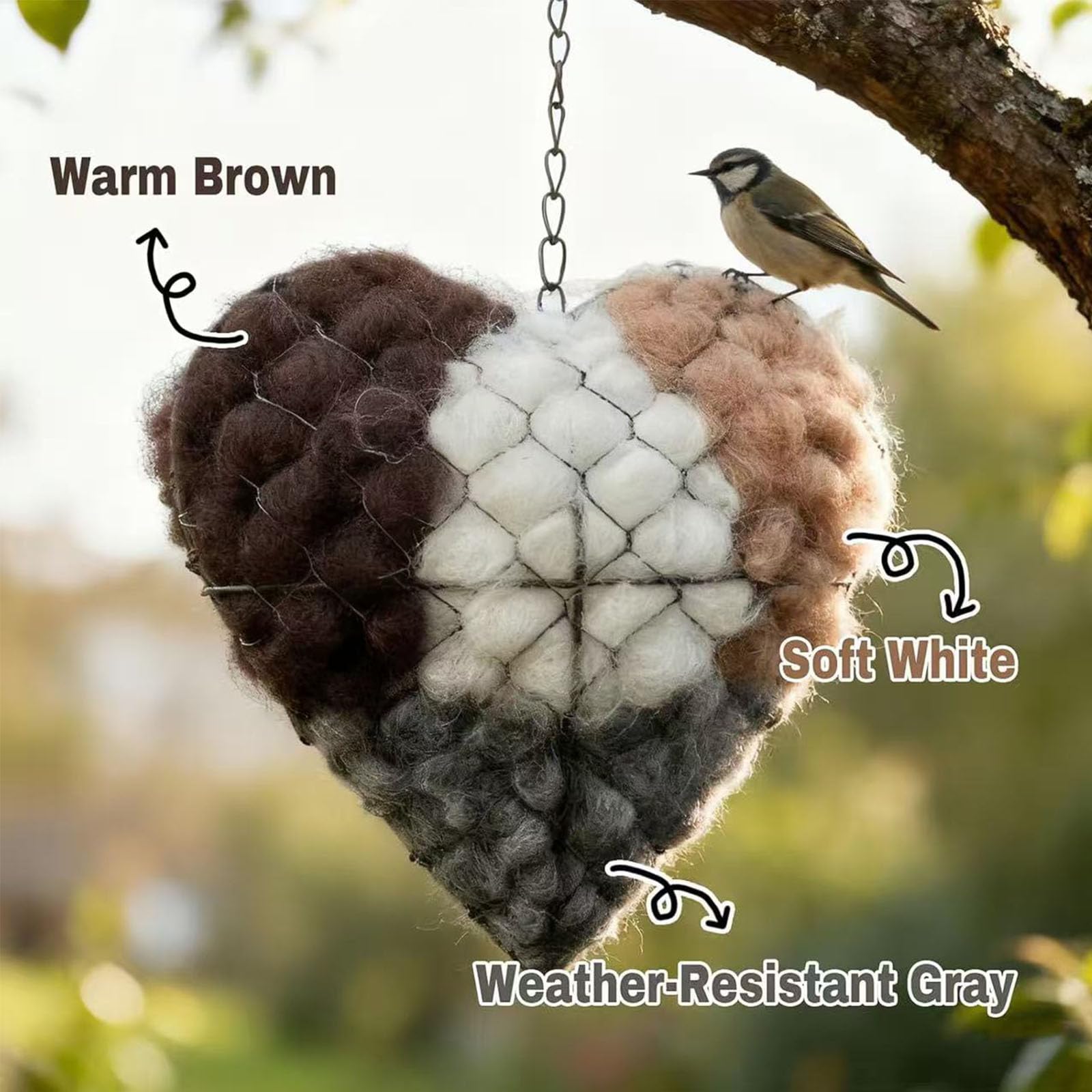 Nidificazione a forma di cuore in fibra di alpaca, supporto per uccelli selvatici, colibrì, casa e giardino, decorazione artistica
