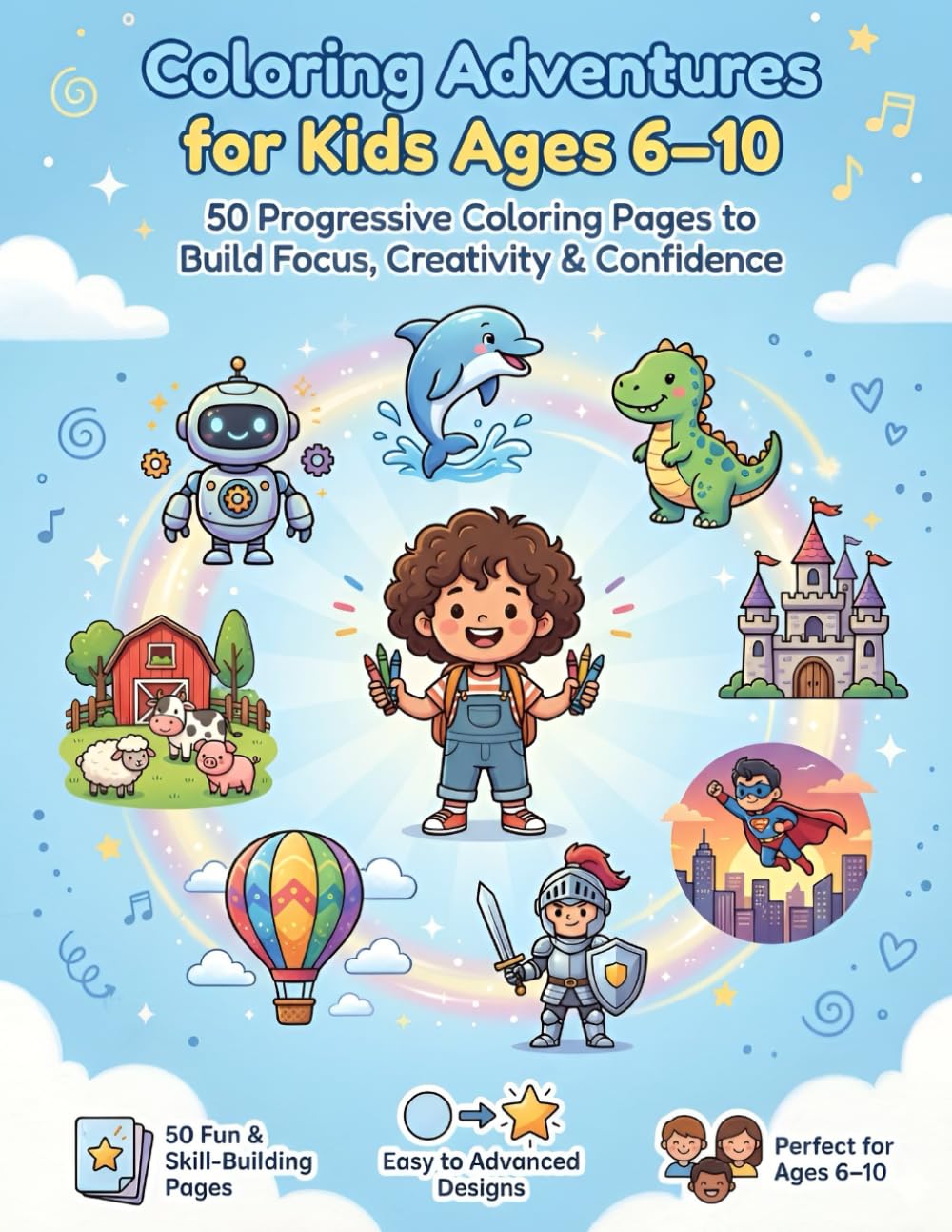 Coloring Adventures for Kids Ages 6–10: 50 Progressive Coloring Pages to Build Focus, Creativity & Confidence | Easy to Advanced Fun Designs (Mega Fun Adventures Series)