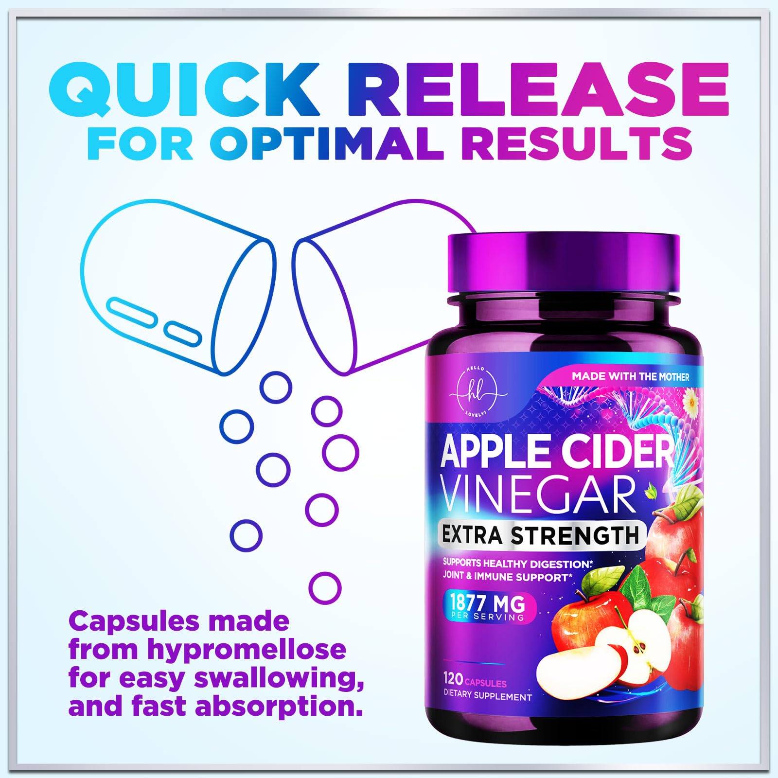Apple Cider Vinegar Capsules 1877mg Per Serving - Extra Strength ACV Pills with Vitamin D3 - Apple Vinegar Supplement Sourced from The Mother for Digestion & Immune Support, Bottled USA - 120 Capsules — Amazon image 6