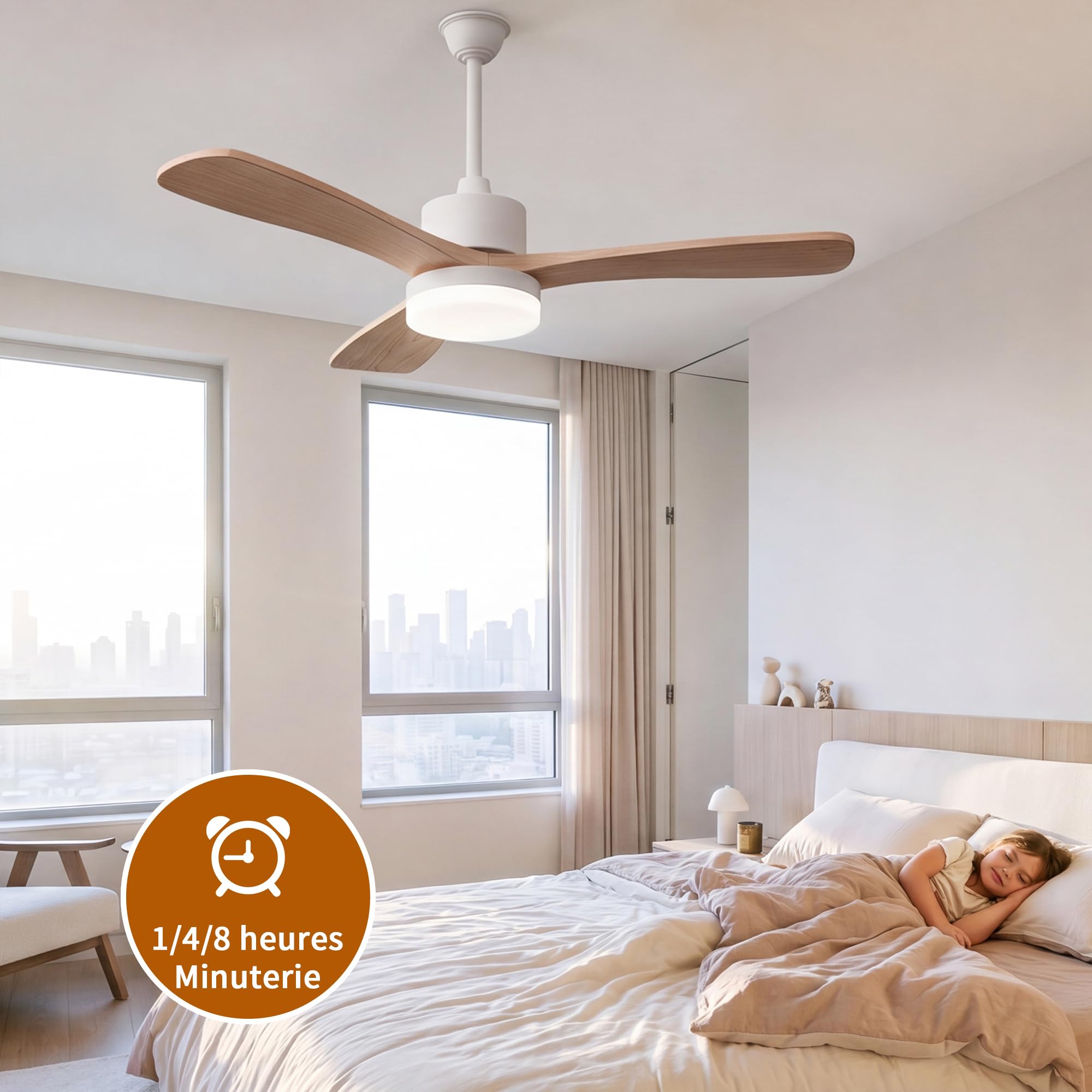 Ventilador de techo con luz y mando a distancia 106 cm, grano de madera