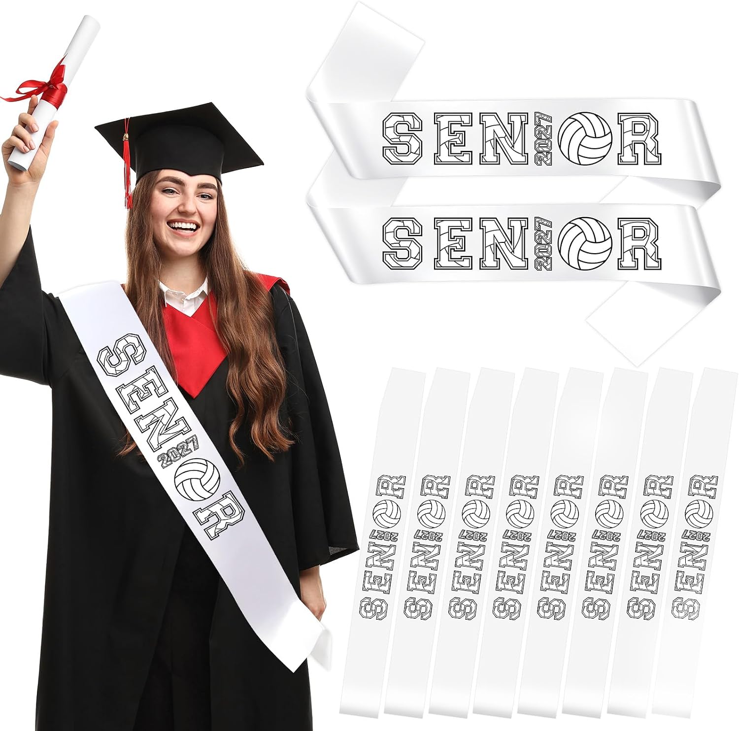 10PCS White Senior 2027 Satin Sashes Volleyball Class of 2027 Sash