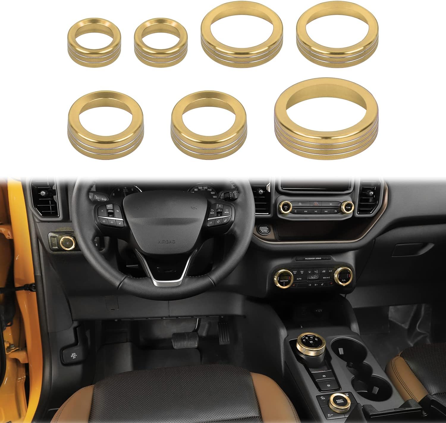 JWWY Air Conditioner Headlight Switch Knob 4WD Wheel Drive Trailer Gear Shift Switch Knob Cover for 2021-2025+ Ford Bronco Sport Accessories Aluminum Alloy 7PCS Gold（Don’t fit Bronco）