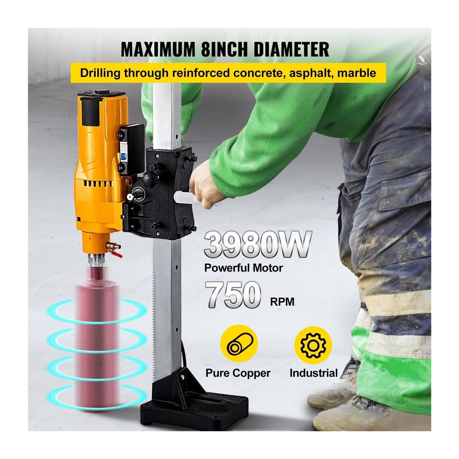 Pionowa wiertarka diamentowa 205 mm 255 Wytrzymała stołowa do betonu na mokro/sucho 3980 W 4450 Dla początkujących majsterkowiczów(4450W 255mm)